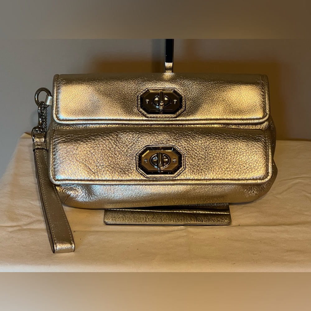 COACH Metallic Gold Leather Wristlet Clutch With Two Turn Lock Compartme…